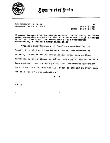 AG's statement concerning the convictions on criminal civil rights charges of five associations of the Confederate Hammerskins, a Skinhead group, in Houston