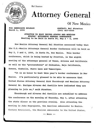 Hal Stratton, AG of New Mexico, announced he will host US and Mexican States' Attorneys General Conference Meeting to be held in Sante Fe (NM, AG)