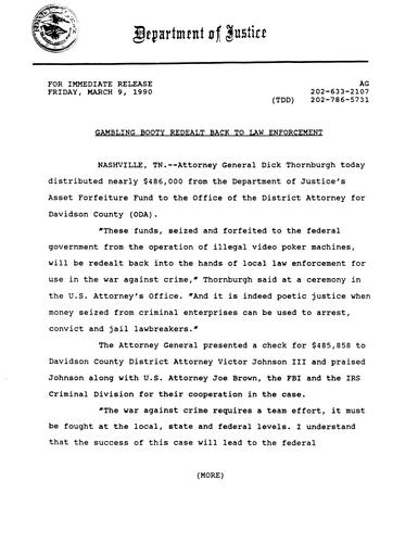 DOJ announced gambling booty re-dealt back to law enforcement