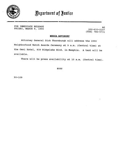 AG will address the 1990 Neighborhood Watch Awards Ceremony at the Omni Hotel in Memphis