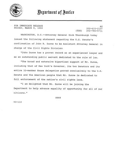 DOJ issued the following statement regarding the US Senate's confirmation of John R Dunne to Assistant Attorney General in charge of the Civil Rights Division
