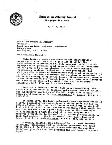 AG's letter to Honorable Edward M. Kennedy\, Chairman of the U.S. Senate Committee on Labor and Human Resources