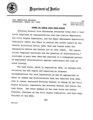 DOJ announced Dunne to Chair Immigration Reform and Control Act of 1986 (IRCA) Task Force