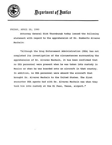 AG's statement regarding the apprehension of Dr. Humberto Alvarez Machain