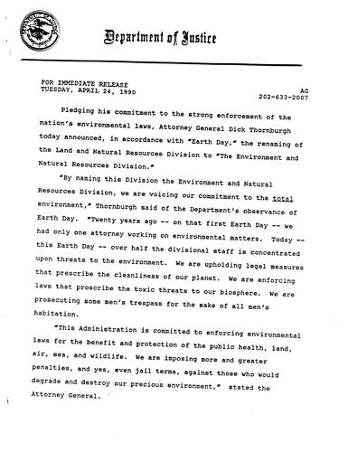 DOJ announced renaming the Land and Natural Resources Division to "The Environment and Natural Resources Division"
