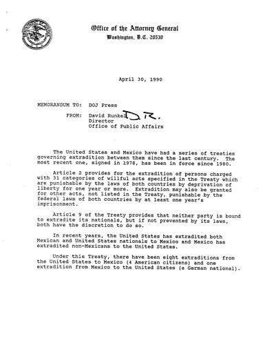 David Runkel's Memorandum to DOJ Press concerning treaties governing extradition between the US and Mexico since the last century