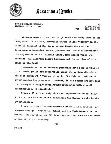 Associate US Attorney Freeh to coordinate DOJ's investigation and prosecution into the bombing deaths of Judge Vance and Alderman Robinson and the mailing of other bombs in the South