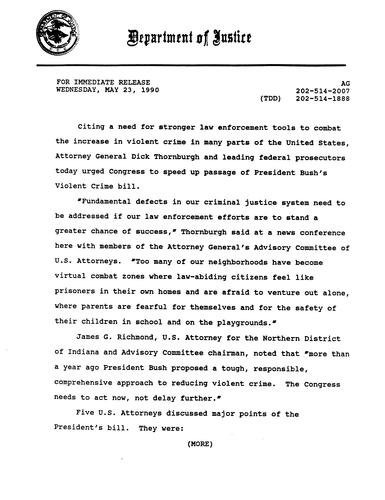 AG urged Congress to speed up passage of President Bush's Violent Crime Bill