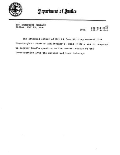 Letter from AG to Senator Christopher S. Bond in response to Bond's question on the current status of the investigation into the Savings and Loans industry