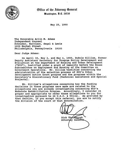 AG's letter to the Honorable Arlin M. Adams