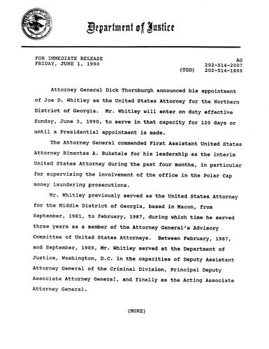 DOJ announced appointment of Joe D. Whitley as the interim US Attorney for the Northern District of Georgia