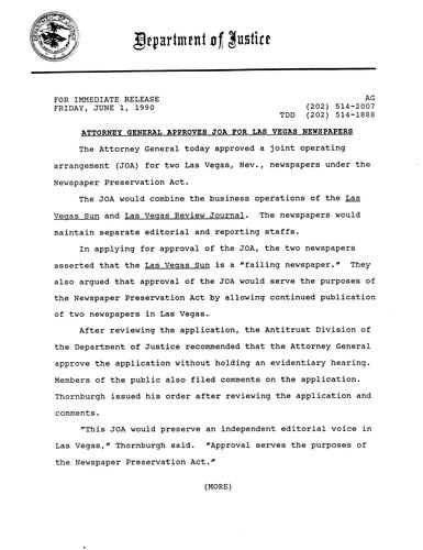 AG approves joint operating arrangement (JOA) for Las Vegas Newspapers