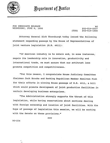 Statement regarding passage of joint venture legislation (H.R. 4611) by the House of Representatives