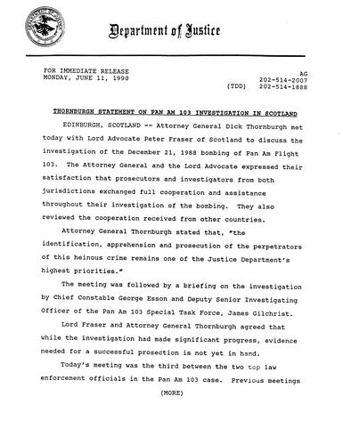 AG's statement on Pan Am 103 investigation in Scotland