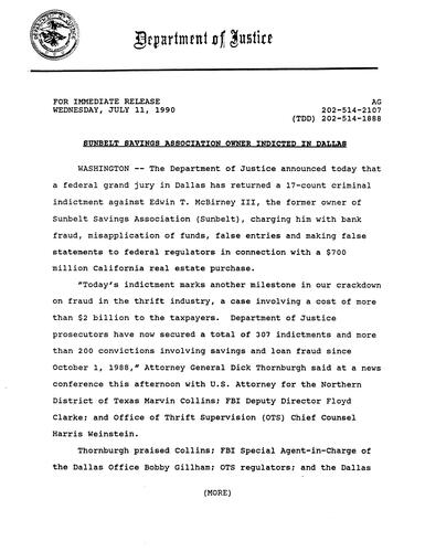 DOJ announced that a federal grand jury in Dallas returned a 17-count criminal indictment against Edwin McBirney III, former owner of Sunbelt Savings Association
