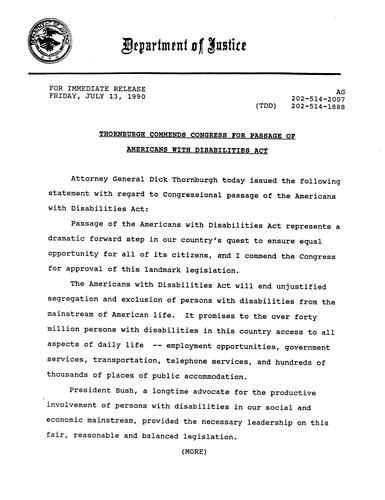 AG commends Congress for passage of Americans with Disabilities Act (ADA)