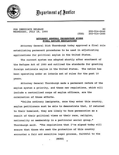 AG approved a final rule establishing permanent procedures to be used in adjudicating applications for political asylum in the US
