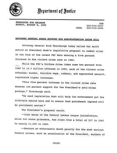 AG called for swift action on President Bush's legislative proposal to combat crime in the face of the latest FBI data showing a 5% increase in the violent crime rate in 1989 (Criminal Division)