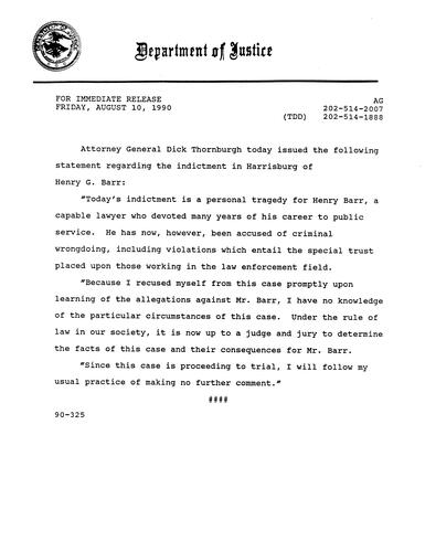 AG's statement regarding the indictment of Henry Barr in Harrisburg