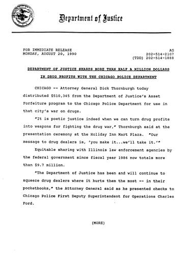 AG distributed $510,345 from DOJ's Asset Forfeiture program to the Chicago Police Department