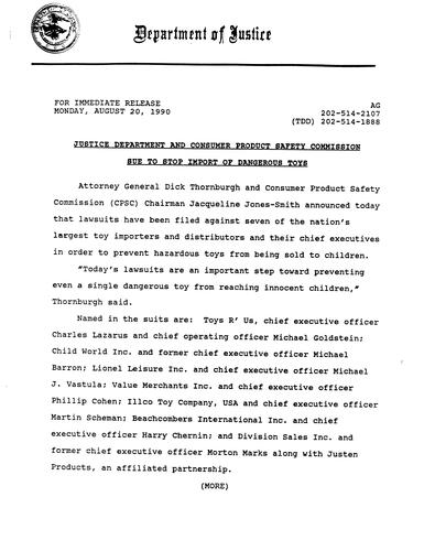 DOJ and Consumer Product Safety Commission sue to stop import of dangerous toys