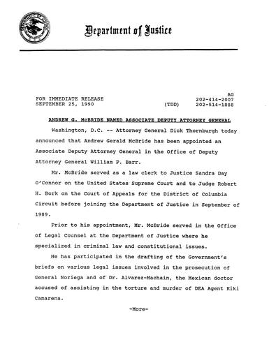 AG announced that Andrew Gerald McBride has been appointed an Associate Deputy Attorney General in the office of Deputy Attorney General William Barr