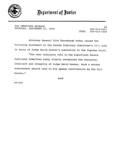 AG's statement on the nomination of Judge Souter to the Supreme Court,