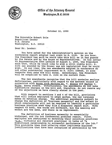 AG released a letter to Senator Bob Dole on the Civil Rights Bill,