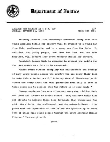 AG announced that 1989 Young American Medals for Bravery will be awarded (Office of Justice Programs)