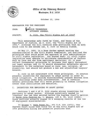 AG released a memorandum to the President stating his views on the Civil Rights Act of 1990