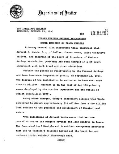 AG announced that Jarrett Woods, Jr. of Dallas, former owner of Western Savings Association, was indicted on fraud charges
