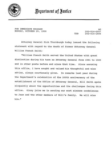 AG's statement regarding the death of former AG William French Smith