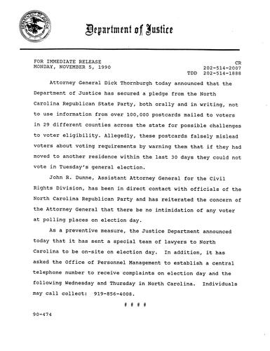 AG announced that DOJ secured a pledge from the North Carolina Republican State Party to not use information from misleading postcards mailed to voters in 29 different counties across the state