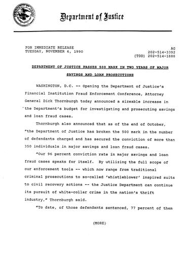 DOJ announced a sizeable increase in DOJ's budget for investigating and prosecuting Savings and Loans fraud cases