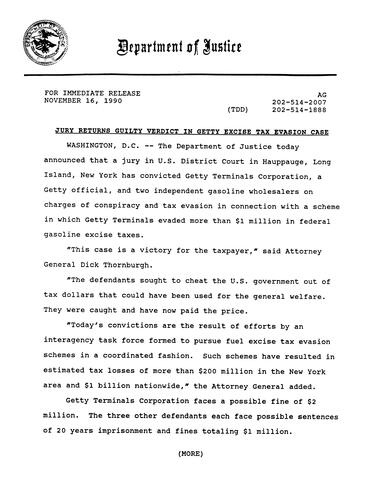 DOJ announced that Getty Terminals Corporation was convicted on charges of conspiracy and tax evasion