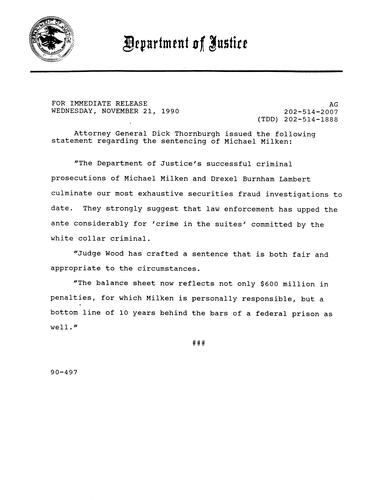 AG's statement regarding the sentencing of Michael Milken