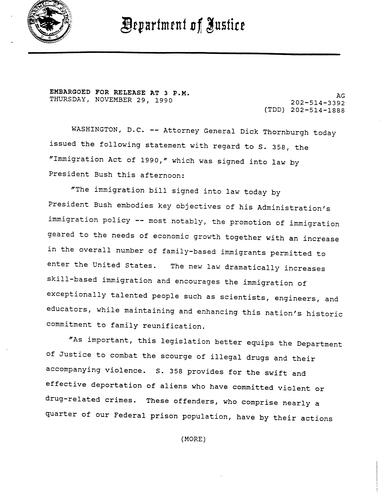 AG's statement regarding the Immigration Act of 1990