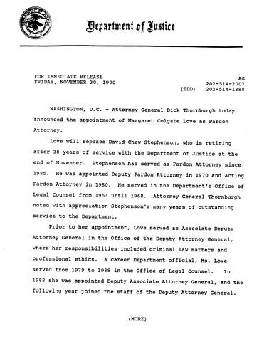 AG announced the appointment of Margaret Colgate Love as Pardon Attorney