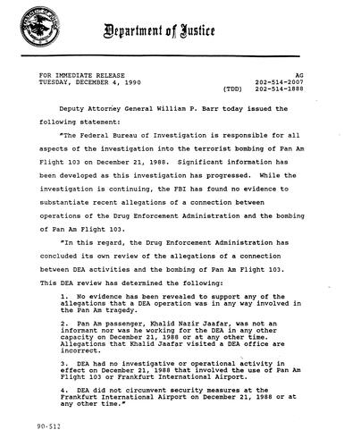 Deputy Attorney General William Barr's statement regarding the Pan Am 103 investigation