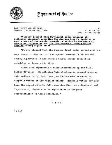 AG's statement regarding the Supreme Court's decision to deny a stay of the special remedial election in the Garza v. County of Los Angeles and US and Irving v County of Los Angeles voting rights case