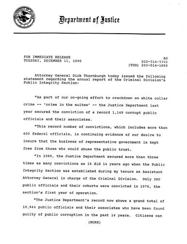 AG's statement regarding their annual report of the Criminal Division's Public Integrity Section