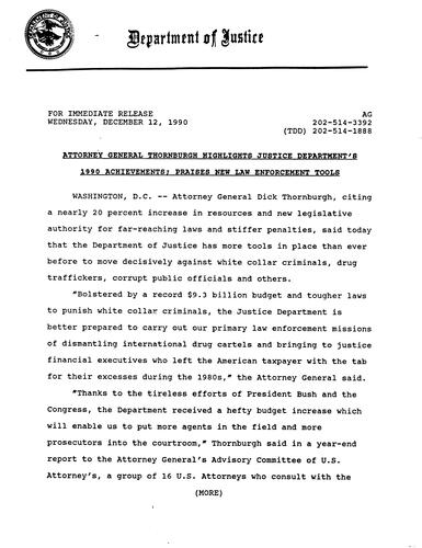 AG highlights DOJ's 1990 achievements and praises new law enforcement tools