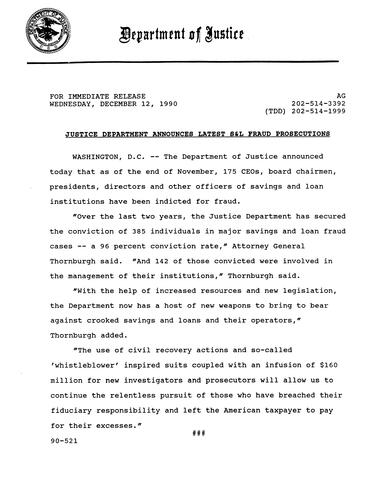 DOJ announced the latest Savings and Loans fraud prosecutions