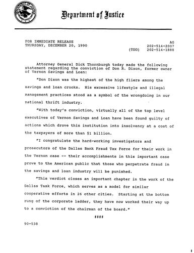 AG's statement regarding the conviction of Don Dixon, former owner of Vernon Savings and Loan