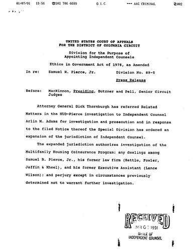 AG referred related matters in the HUD-Pierce investigation to Independent Counsel Arlin Adams