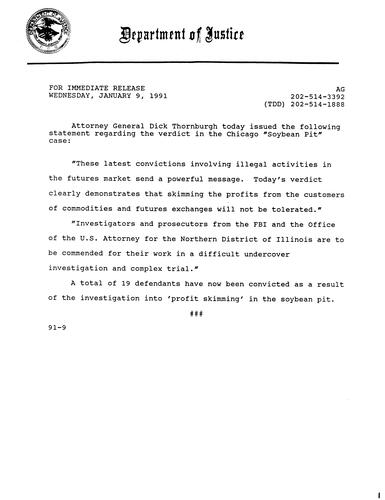 AG's statement regarding the verdict in the Chicago "Soybean Pit" case