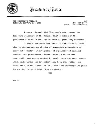 AG's statement on the Supreme Court's ruling on the government's power to seek the issuance of grand jury subpoenas