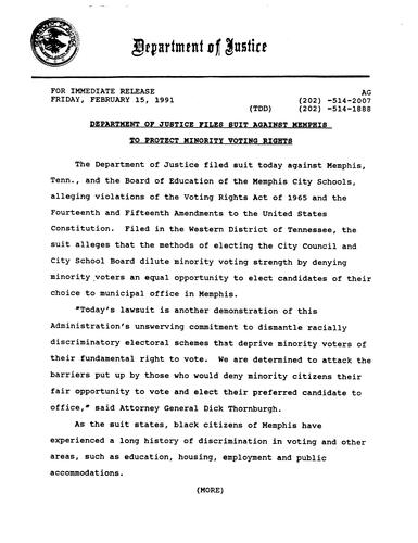 DOJ filed suit against Memphis, TN and the Board of Education to protect minority voting rights