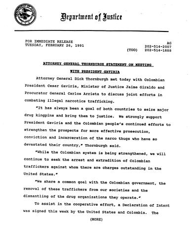 AG's statement on meeting with Colombian President Gaviria