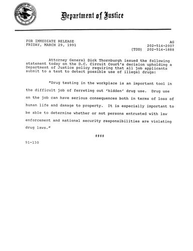AG's statement on court's upholding of DOJ's drug testing policy,